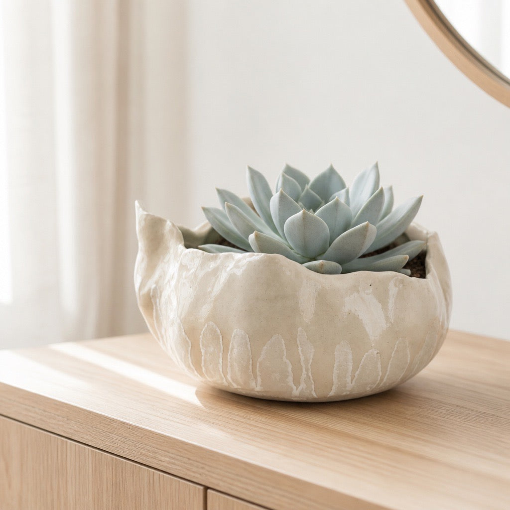 Cache-pot en grès porcelainique pincé à la main, mis en scène avec une succulente, création Terres.me.