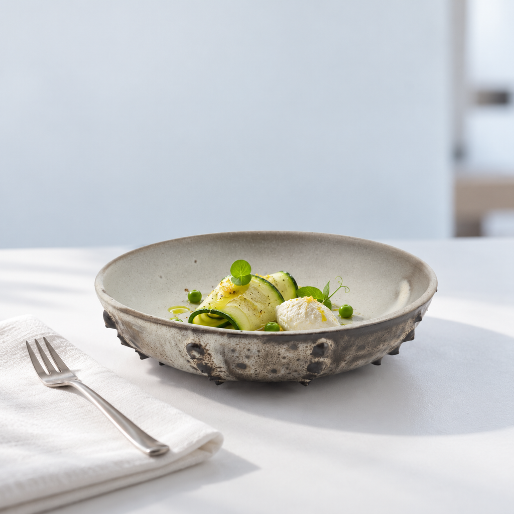 Assiette creuse Oursin en grès rouge – Blanc et noir