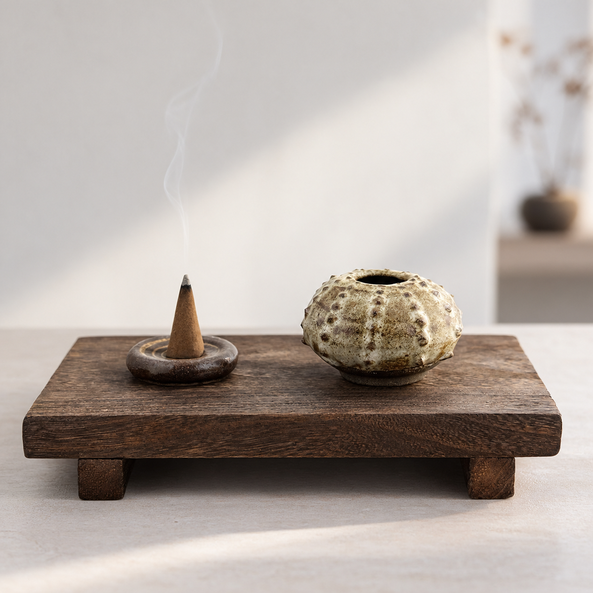 Oursin en grès noir African Stone – Émail blanc pyrité brillant
