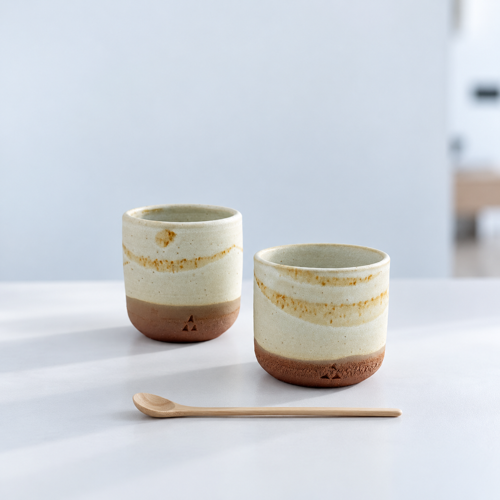 Duo de tasses à café en Grès rouge de récolte du massif de l’Esterel - Émail blanc mat opaque et vanille sablé - Wabi-Sabi