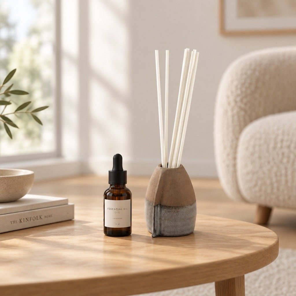 Diffuseur d'huile essentielle VULCAIN en faïence noire, tourné et fait main par Terresme posé sur une table basse de salon avec une bouteille d'huile essentielle à côté 