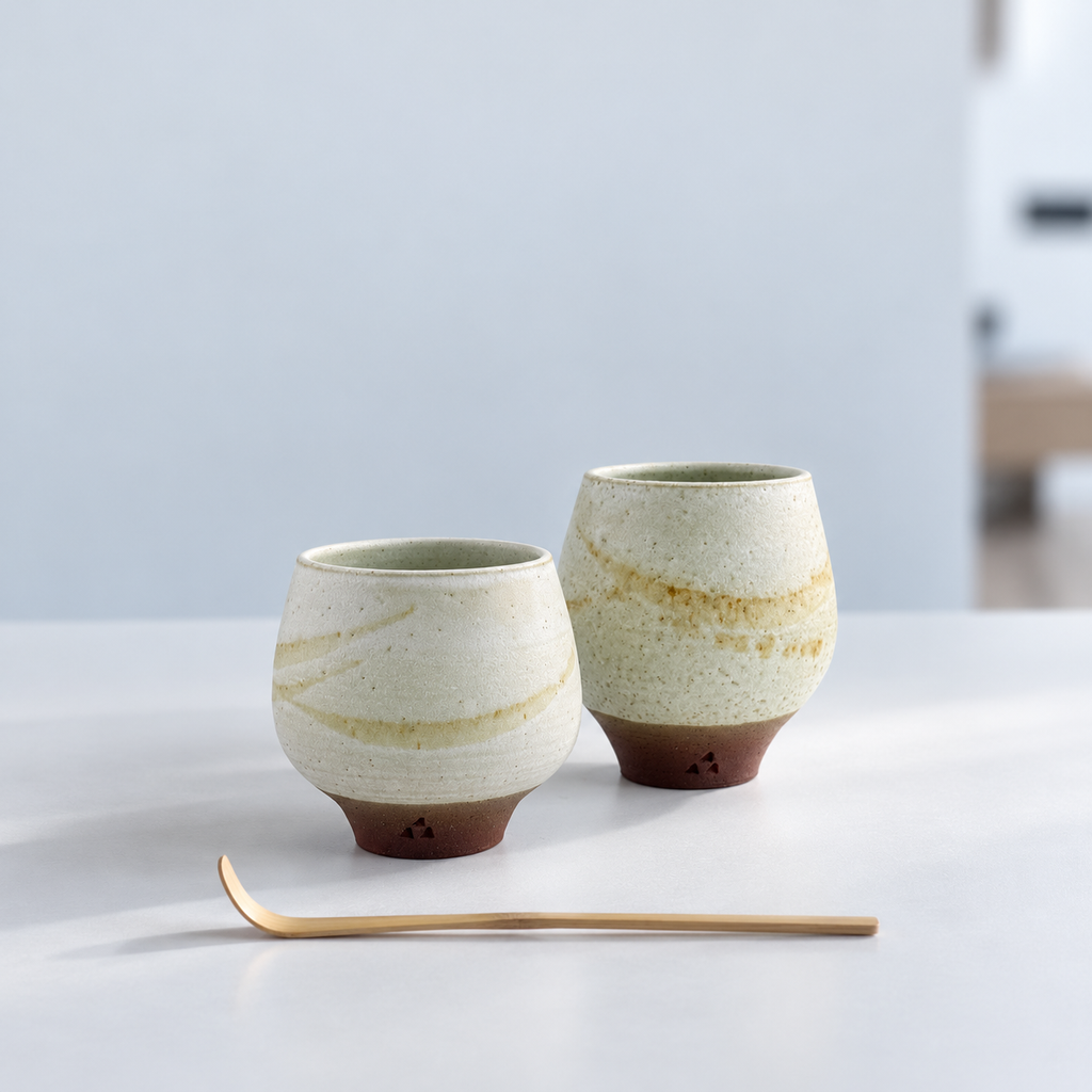 Tasses à thé en Grès rouge sauvage de l’Estérel – Blanc et nuances vanille