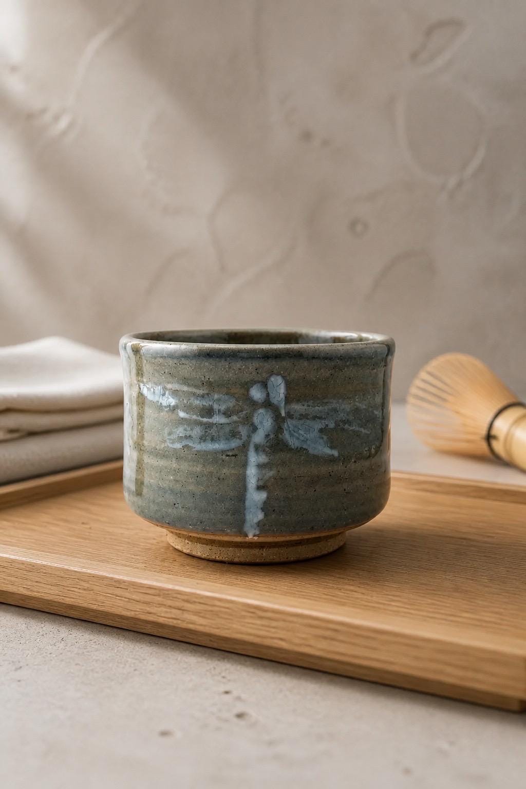 Bol Matcha céladon avec libellule, chawan en grès fait main par Terresme — vue 4 sur 10.