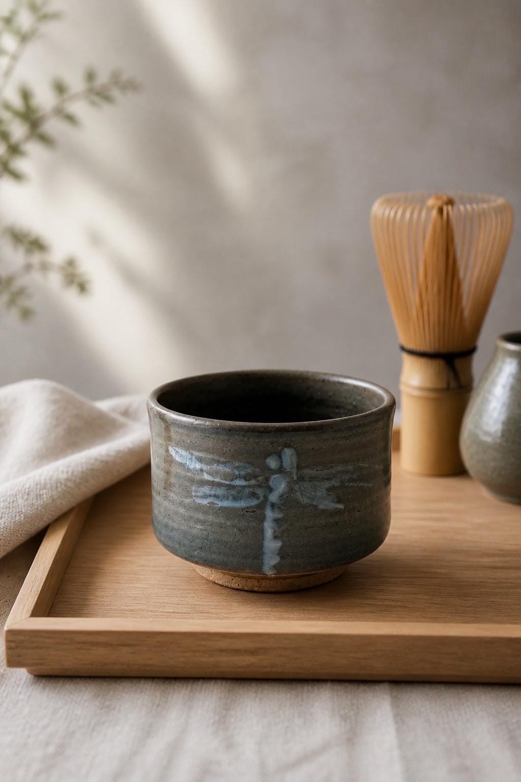 Bol Matcha céladon avec libellule, chawan en grès fait main par Terresme — vue 5 sur 10.