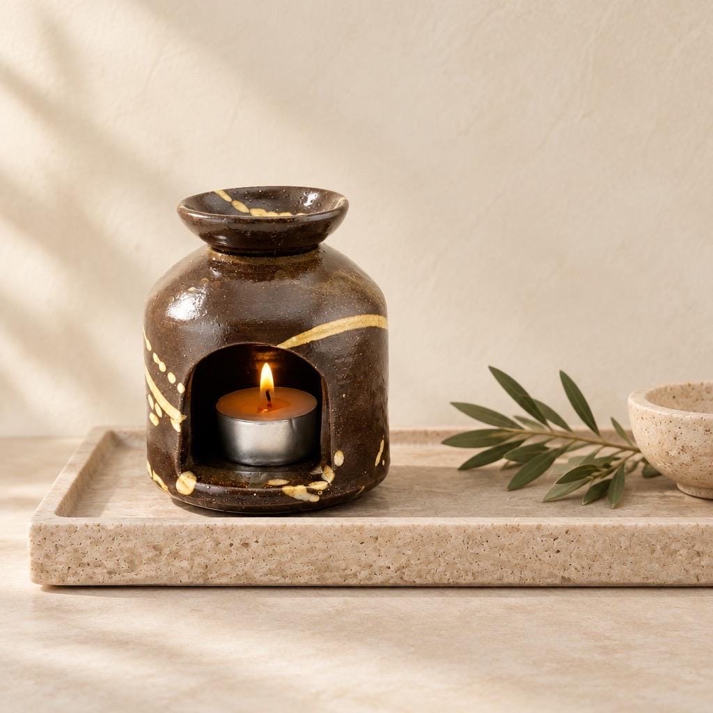 Brûleur d’huile essentielle artisanal en grès émaillé Tenmoku, céramique japandi Terres.me