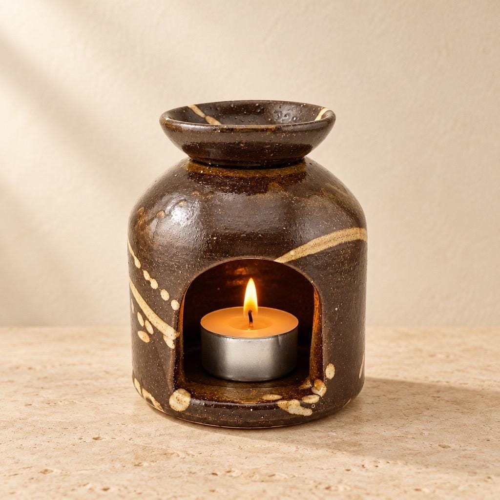 Brûleur d’huile essentielle artisanal en grès émaillé Tenmoku, céramique japandi Terres.me
