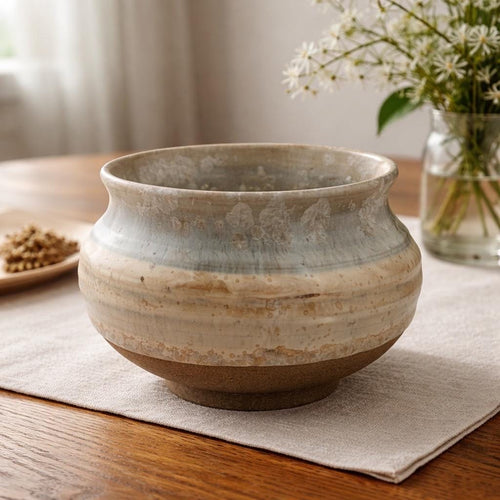 Cache-pot en grès caramel Toffee à effet cristallisé, vue 2 sur 10, céramique wabi-sabi façonnée à la main par Terresme.