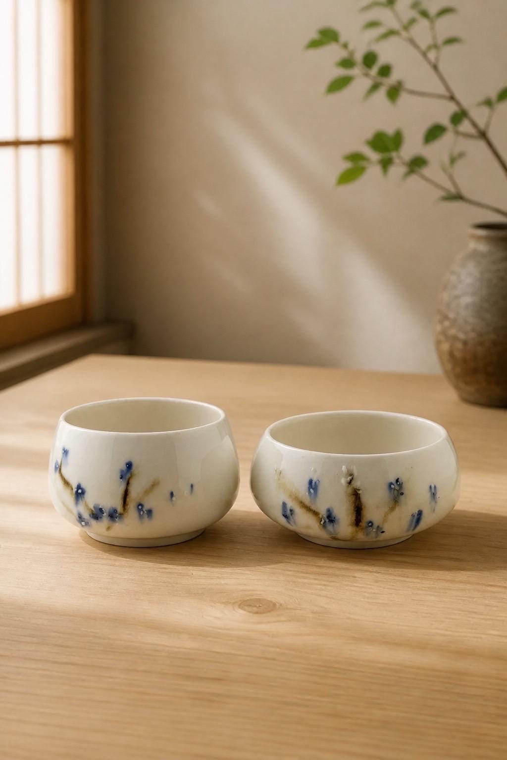 Bol à thé chawan en porcelaine blanche décor sometsuke au cobalt, fait main par Terresme — vue 2 sur 10.
