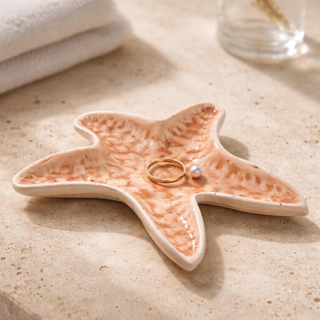 Grande coupelle étoile de mer en grès blanc avec émail rose poudré pyrité,  façonnée à la main par Terresme mise en situation dans une salle de bain avec des bijoux.