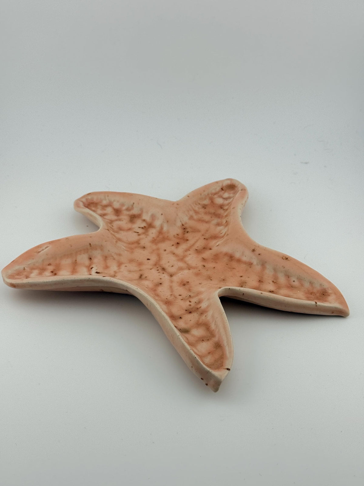 Grande coupelle étoile de mer en grès blanc avec émail rose poudré pyrité, montrant son relief organique.