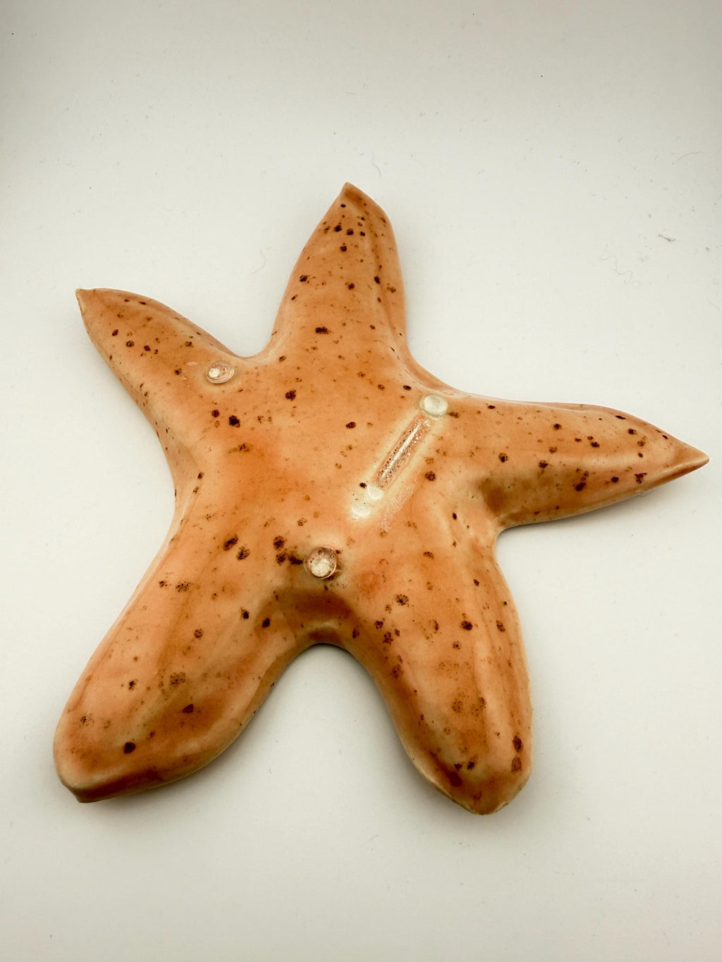 Grande coupelle étoile de mer en grès blanc avec émail rose poudré pyrité, montrant sa base artisanale.