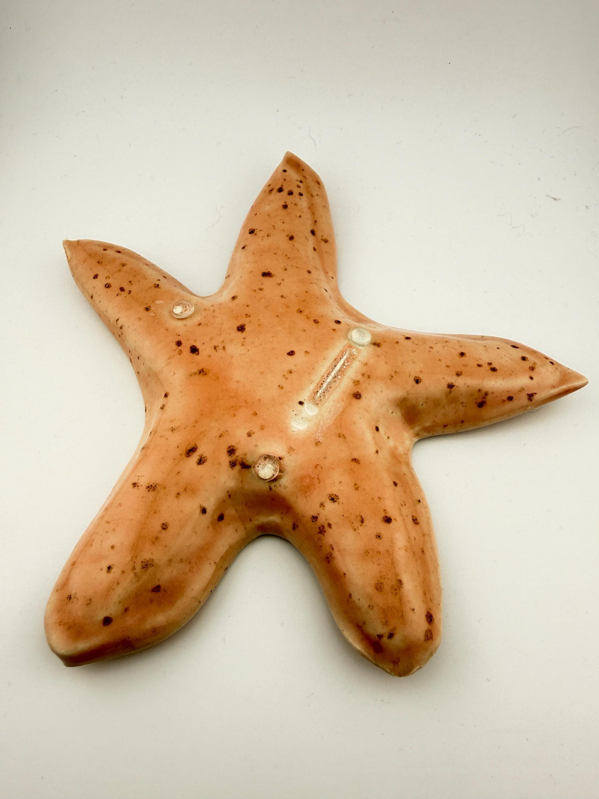 Grande coupelle étoile de mer en grès blanc avec émail rose poudré pyrité, montrant sa base artisanale.