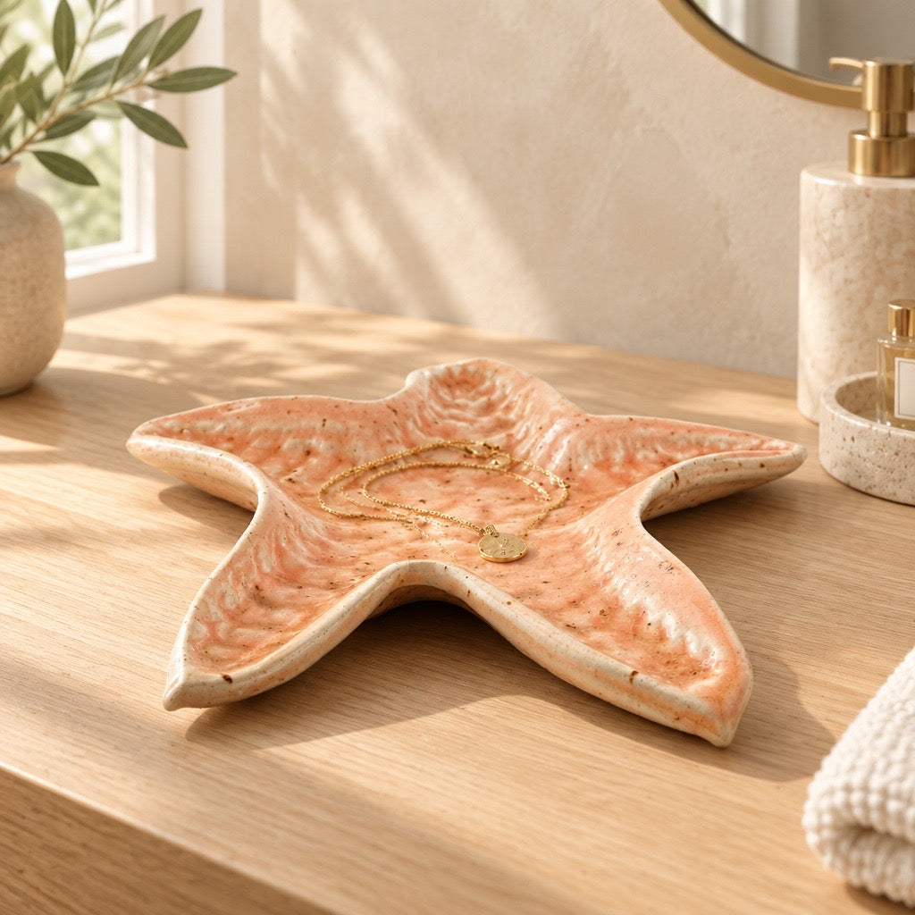 Grande coupelle étoile de mer en grès blanc avec émail rose poudré pyrité, mise en situation dans une salle de bain avec un collier.