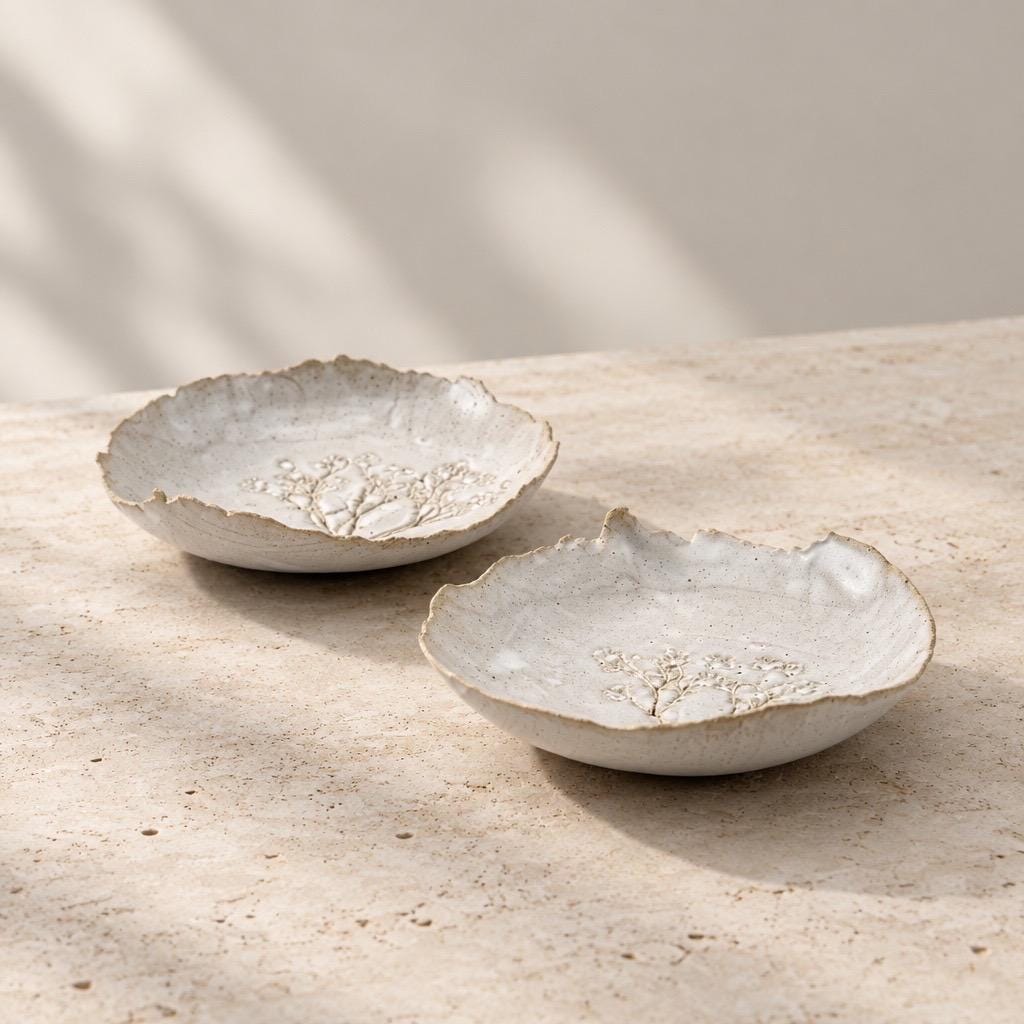 Coupelle blanche en grès et sable de Sardaigne avec impression de gypsophile, faite main par Terres.me