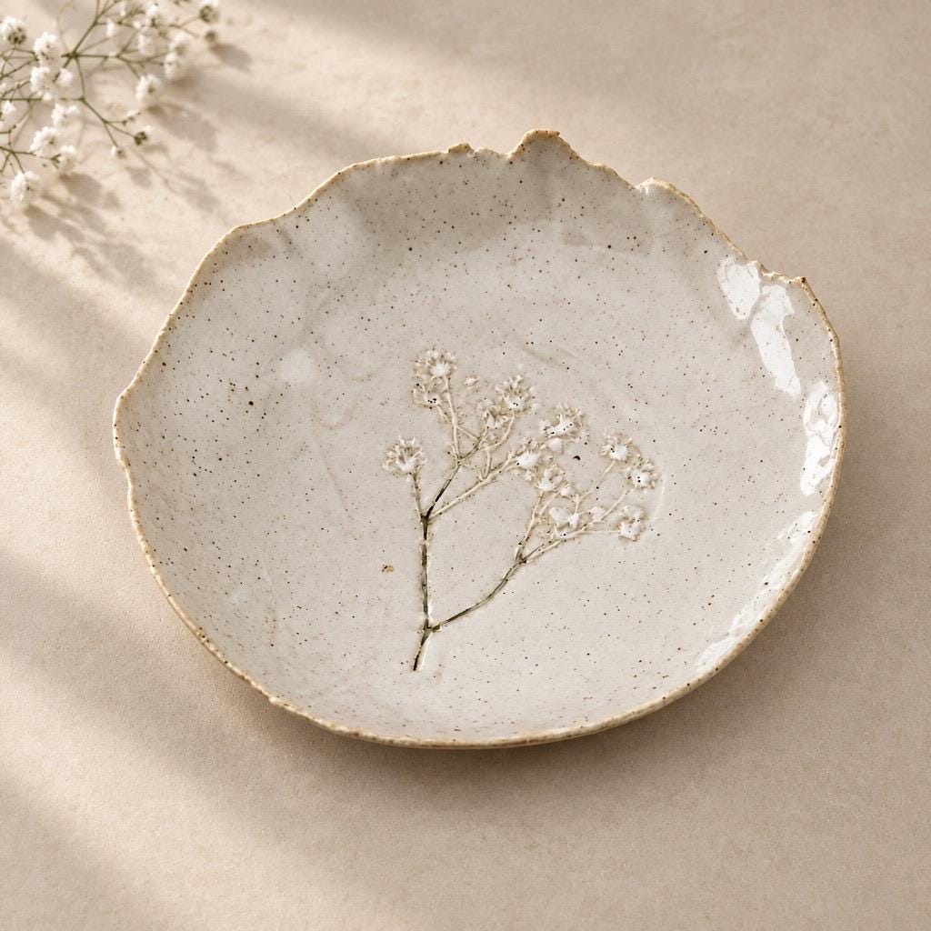 Coupelle blanche en grès et sable de Sardaigne avec impression de gypsophile, faite main par Terres.me