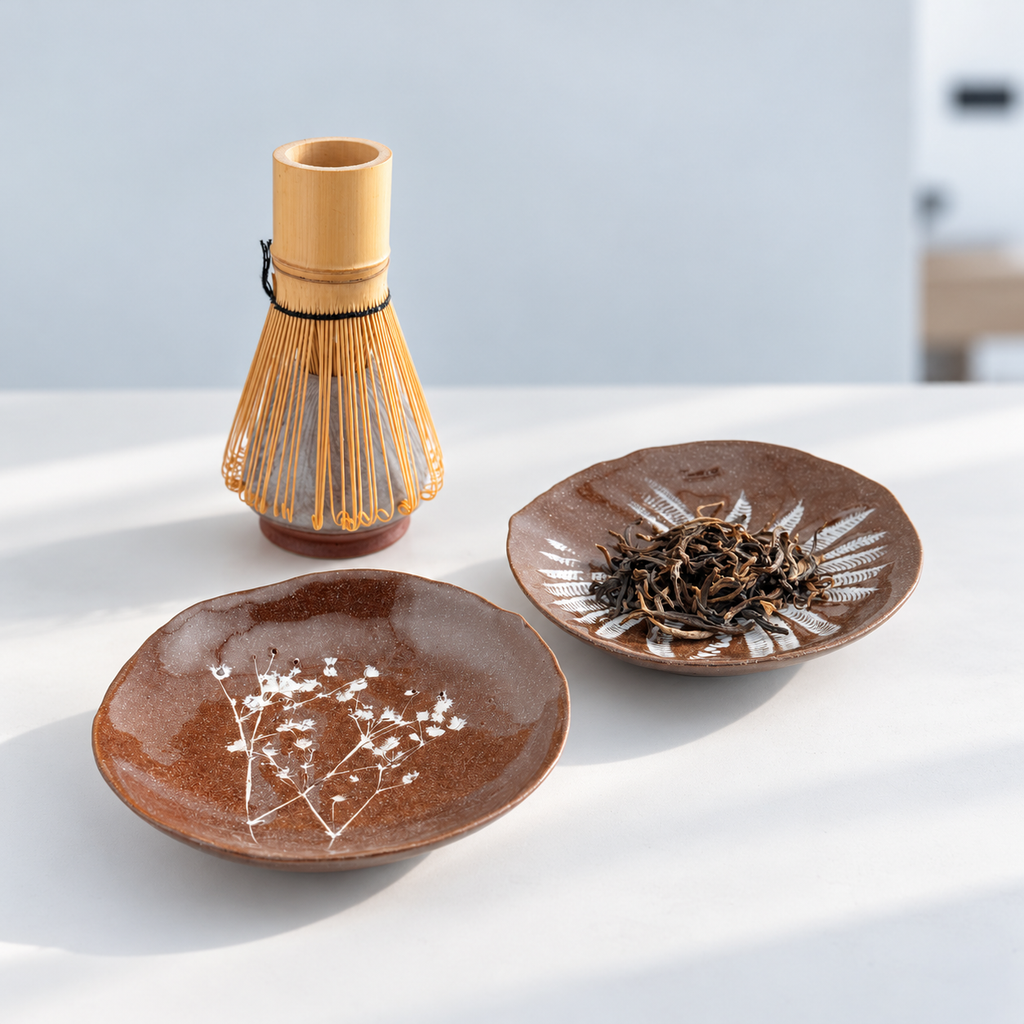 Coupelles en grès rouge sauvage de l’Estérel – Décors végétaux en porcelaine