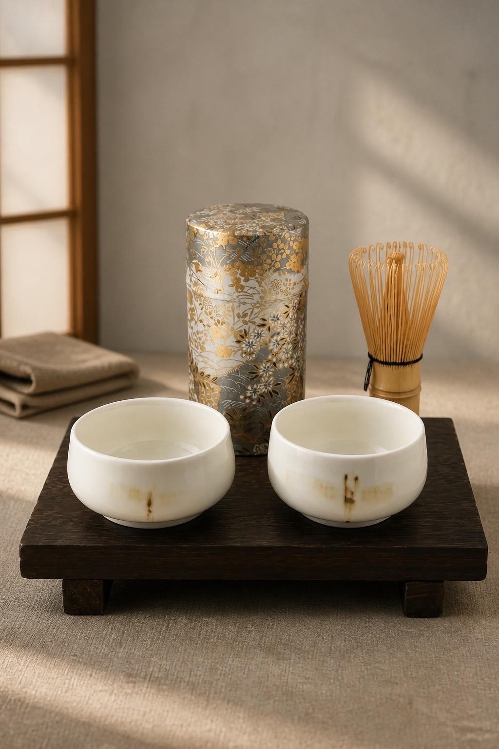 Duo de petits bols matcha en porcelaine blanche à décor libellule, vue 1 sur 10, façonnés à la main par Terresme.