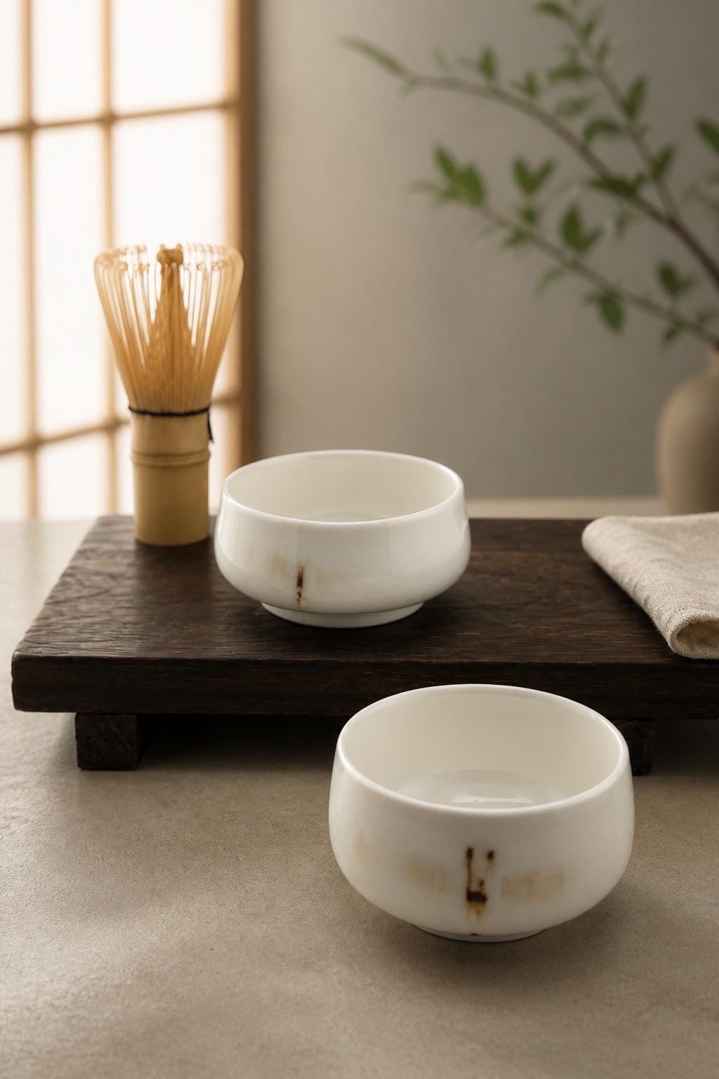 Duo de petits bols matcha en porcelaine blanche à décor libellule, vue 2 sur 10, montrant leurs formes basses.