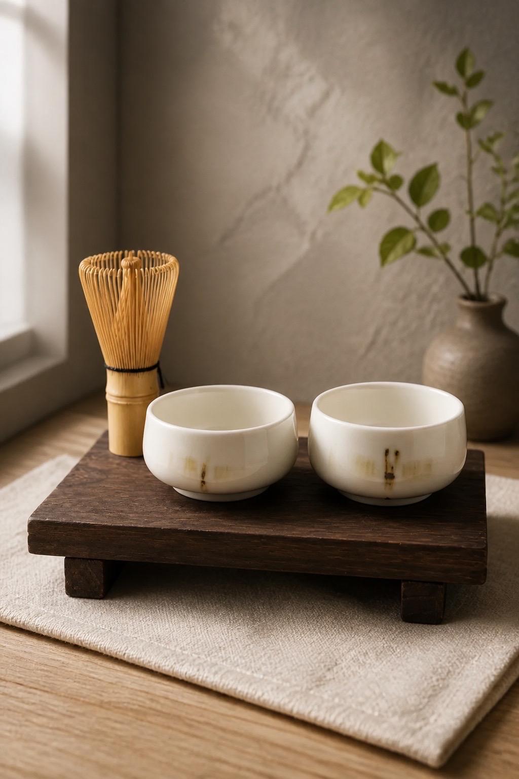 Duo de petits bols matcha en porcelaine blanche à décor libellule, vue 3 sur 10, vue supérieure des intérieurs émaillés.