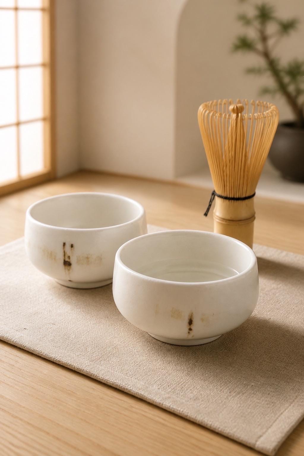 Duo de petits bols matcha en porcelaine blanche à décor libellule, vue 5 sur 10, détail du motif transféré.