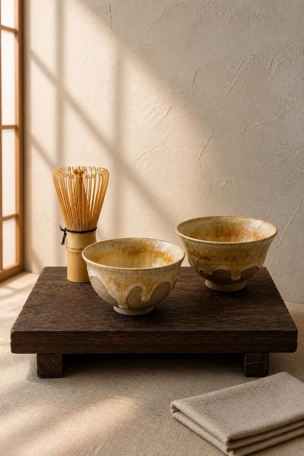 Duo de chawan en grès caramel Toffee, vue 6 sur 10, bols matcha wabi-sabi façonnés à la main par Terresme.