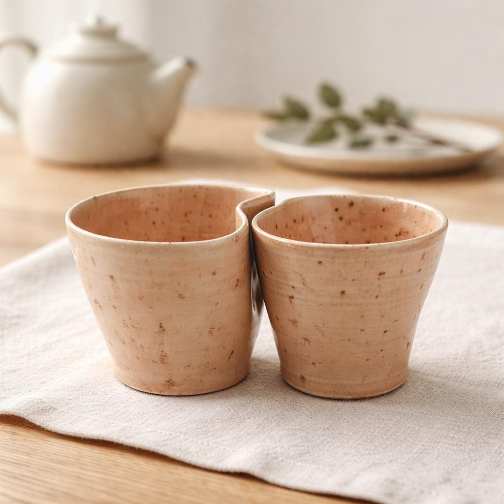Duo de mugs asymétriques en grès porcelainique rose Morganite, fait main par Terresme — vue 2 sur 10.