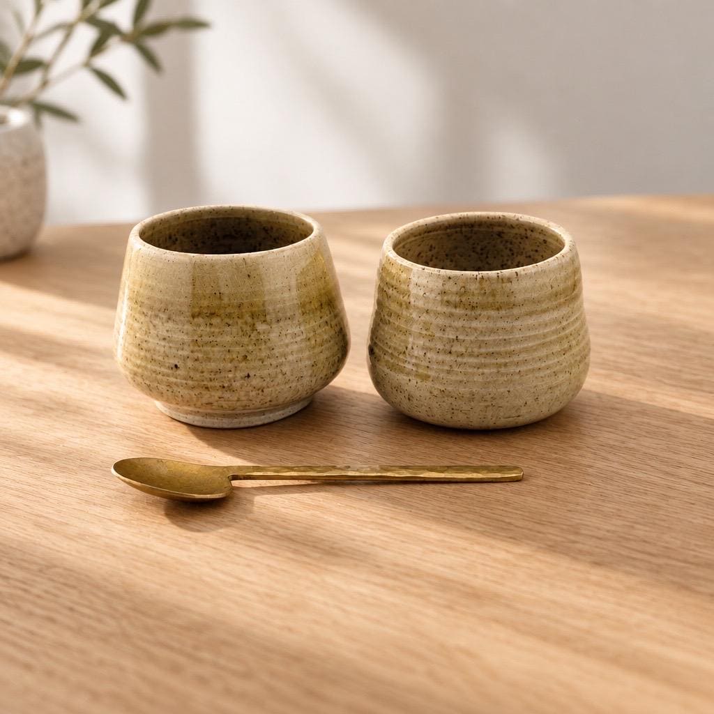 Duo de tasses espresso artisanales en grès et sable de Sardaigne, émail miel brillant – Terres.me