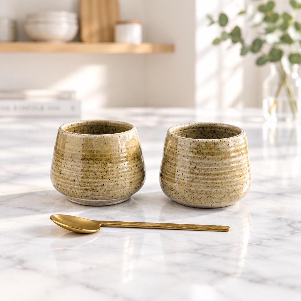 Duo de tasses espresso artisanales en grès et sable de Sardaigne, émail miel brillant – Terres.me