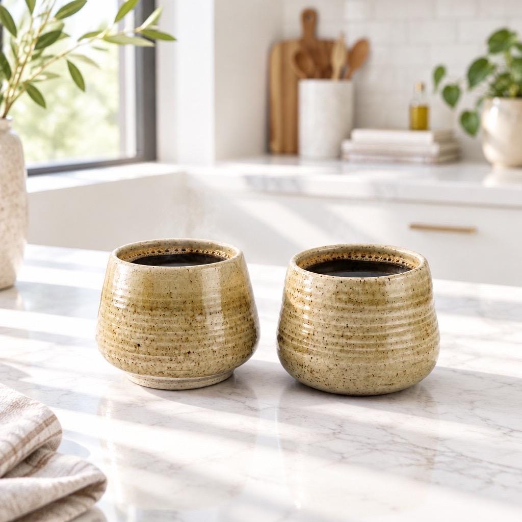 Duo de tasses espresso artisanales en grès et sable de Sardaigne, émail miel brillant – Terres.me