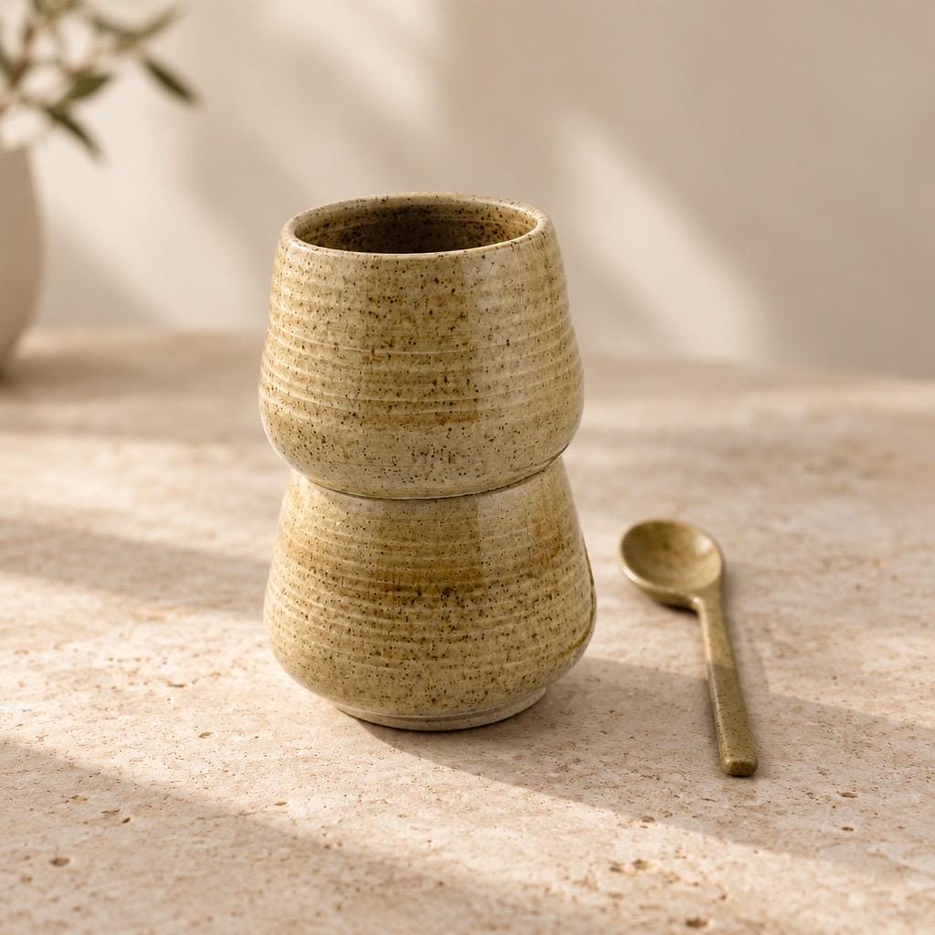 Duo de tasses espresso artisanales en grès et sable de Sardaigne, émail miel brillant – Terres.me