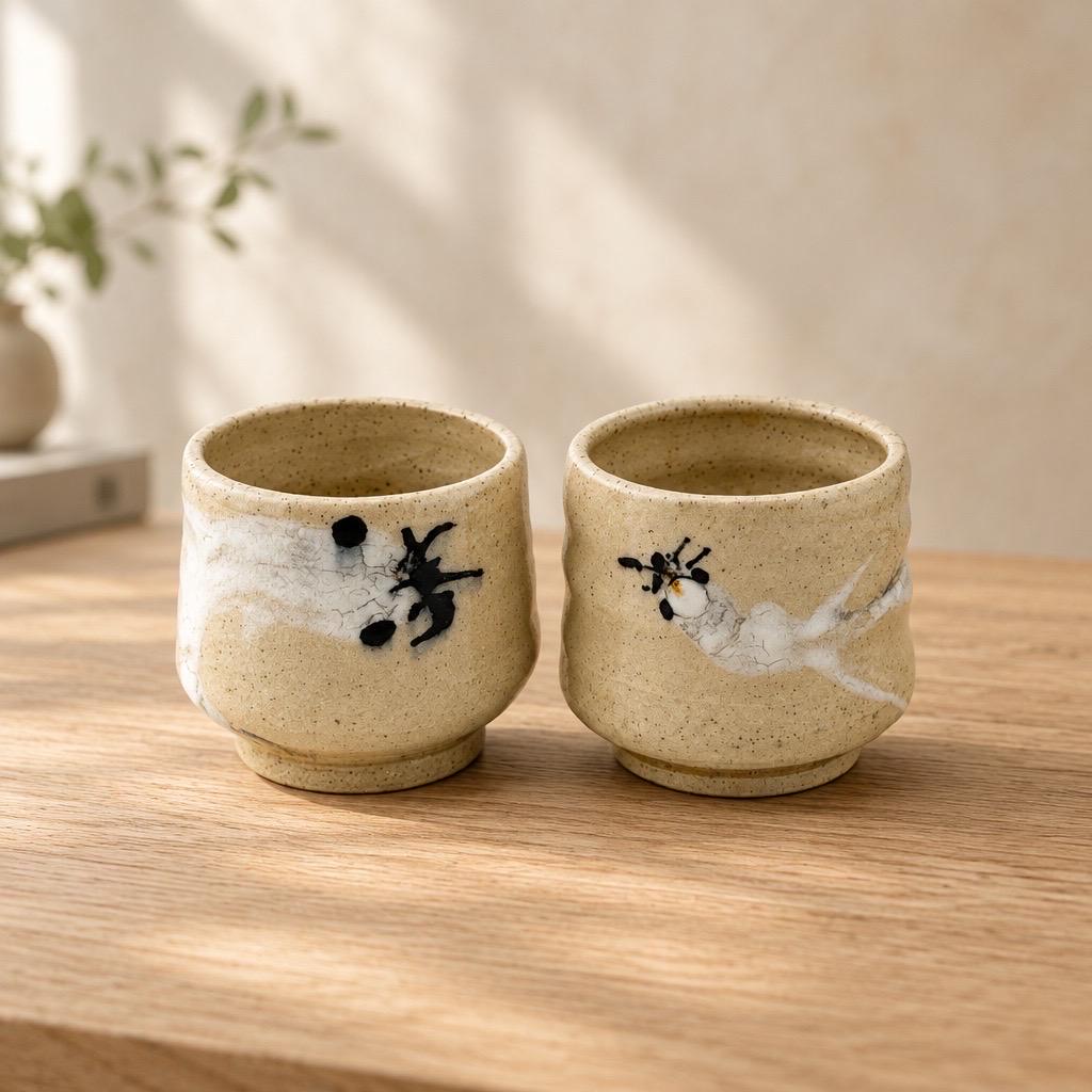 Duo de yunomi japonais en grès avec décor peint à la main en porcelaine, création artisanale Terres.me