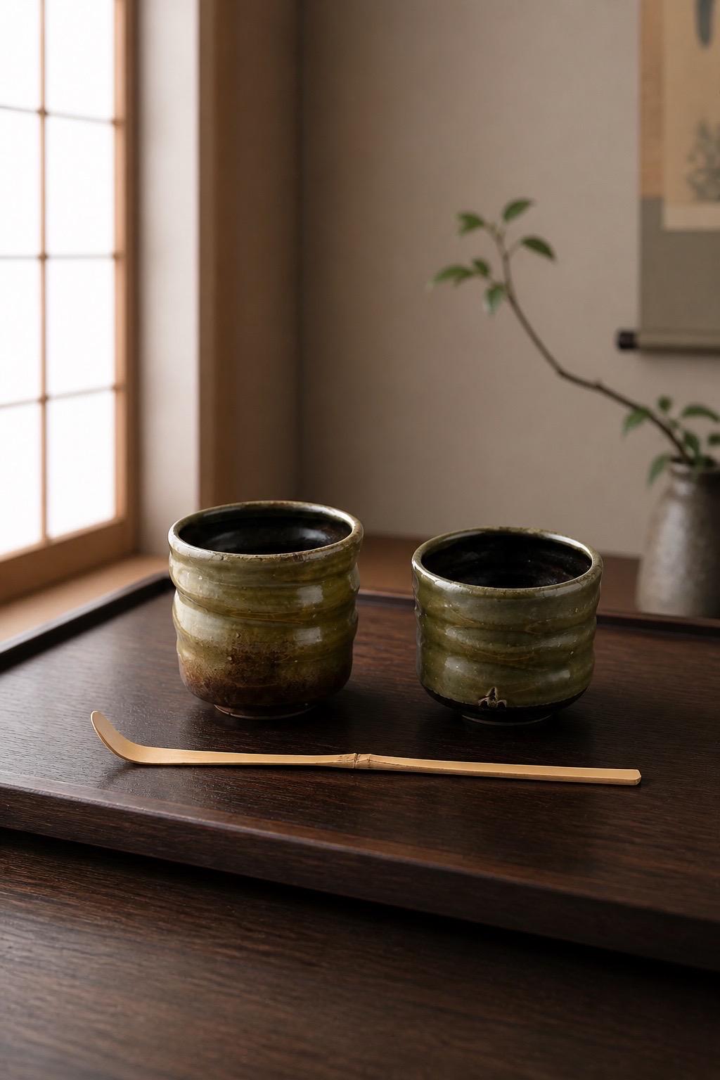 Duo de yunomi artisanaux en grès, porcelaine blanche et émail Tenmoku – Terres.me
