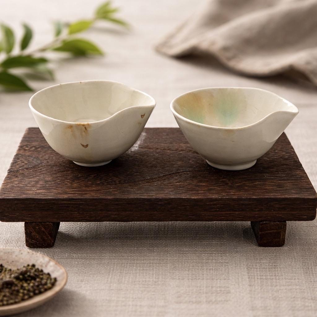 Katakuchi en céramique blanche rehaussé d’or au troisième feu, vue 1 sur 9, tasse verseuse façonnée à la main par Terresme.