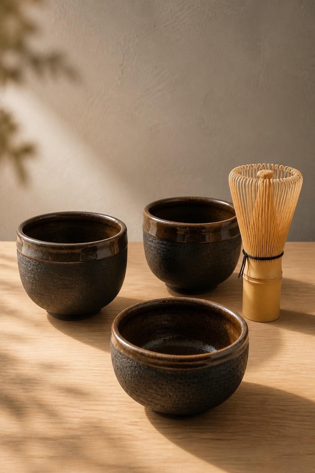 Tasses KURO MORI en grès noir texturé, intérieur émaillé brun profond, création Terres.me.