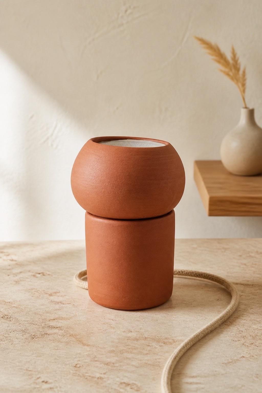 Lampe sculpturale en terre de Xing, vue 3 sur 10, luminaire artisanal en céramique brute façonné par Terresme.