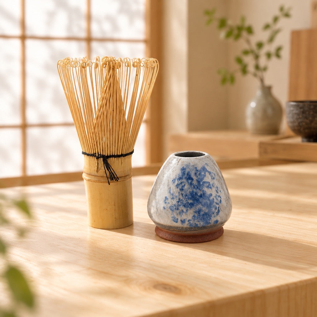 Porte-fouet à matcha en terre sauvage de l’Estérel – Porcelaine et cobalt