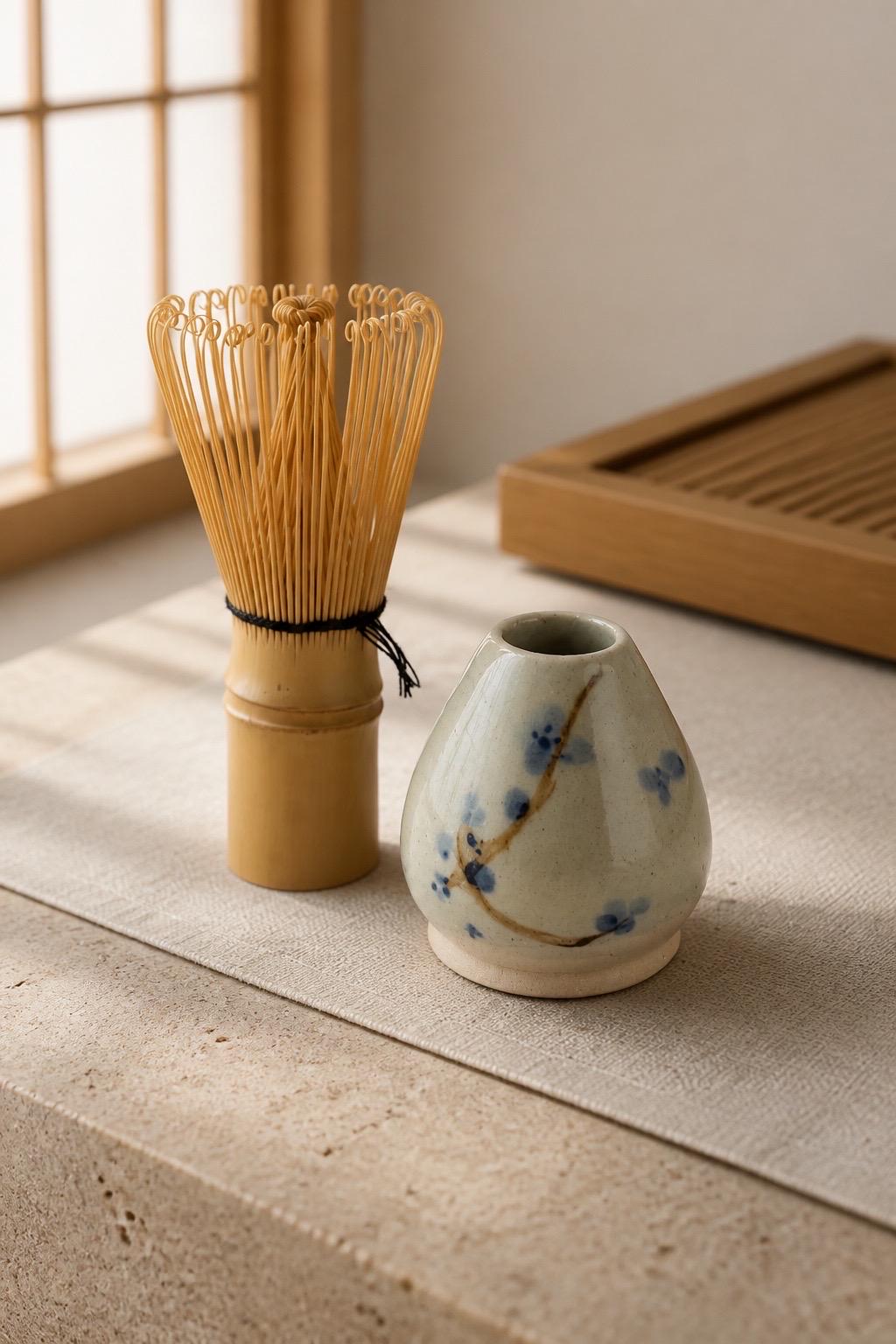 Porte-fouet matcha en grès porcelainique avec décor sumi-e cobalt, vue 3 sur 10, façonné à la main par Terresme.