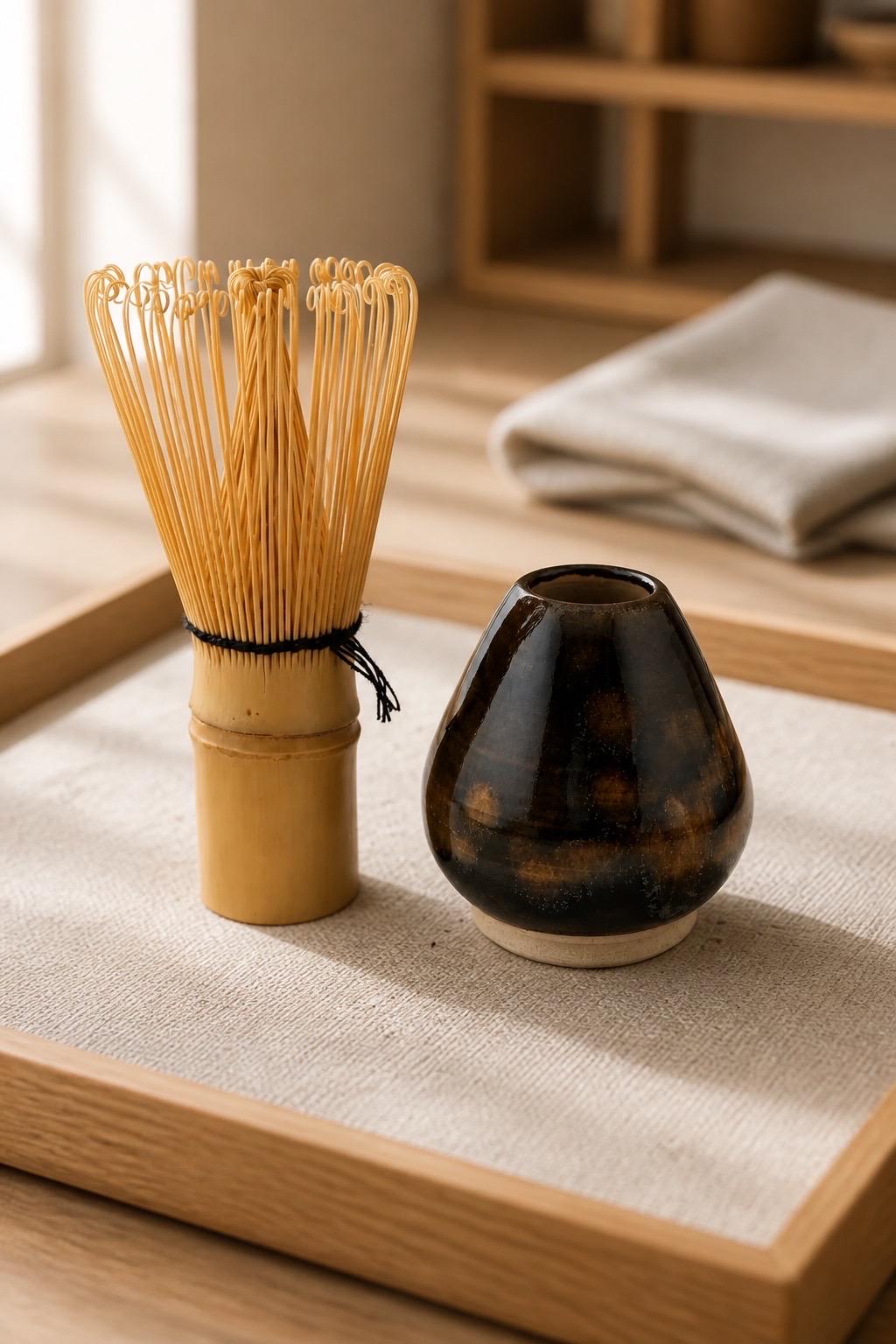 Porte-fouet matcha en grès porcelainique avec décor sumi-e cobalt, vue 7 sur 10, façonné à la main par Terresme.