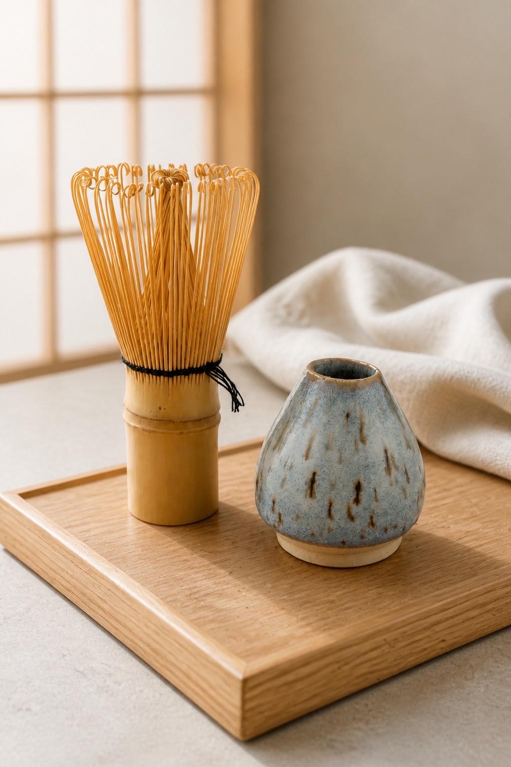 Porte-fouet matcha en grès porcelainique avec décor sumi-e cobalt, vue 10 sur 10, façonné à la main par Terresme.