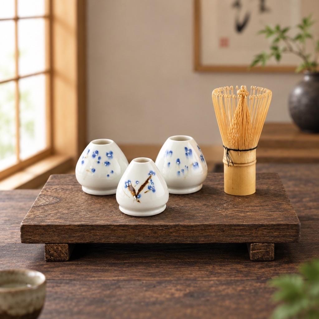 Porte-fouet Matcha en porcelaine blanche avec décor sumi-e cobalt, céramique artisanale Terres.me