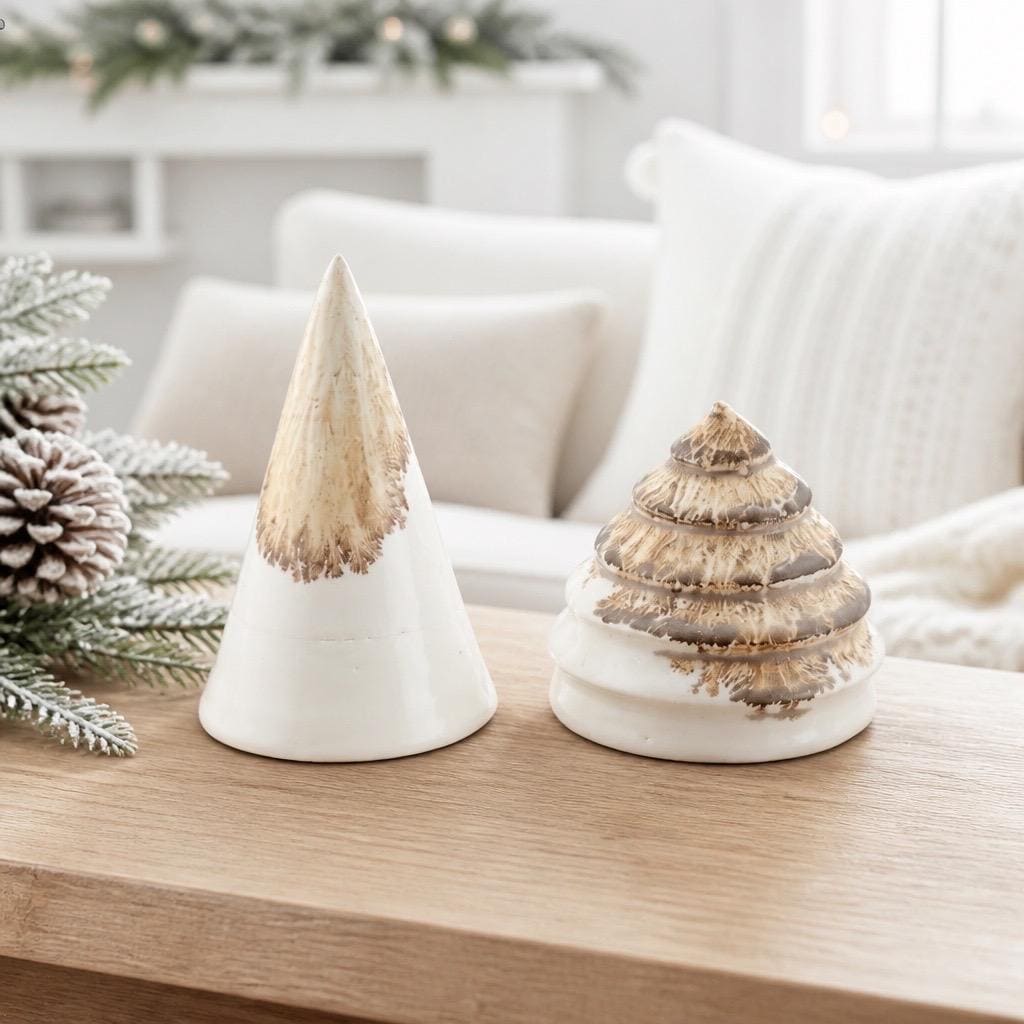 Sapin de Noël artisanal en faïence blanche, décor Mocha Tea et émail mat – Terres.me