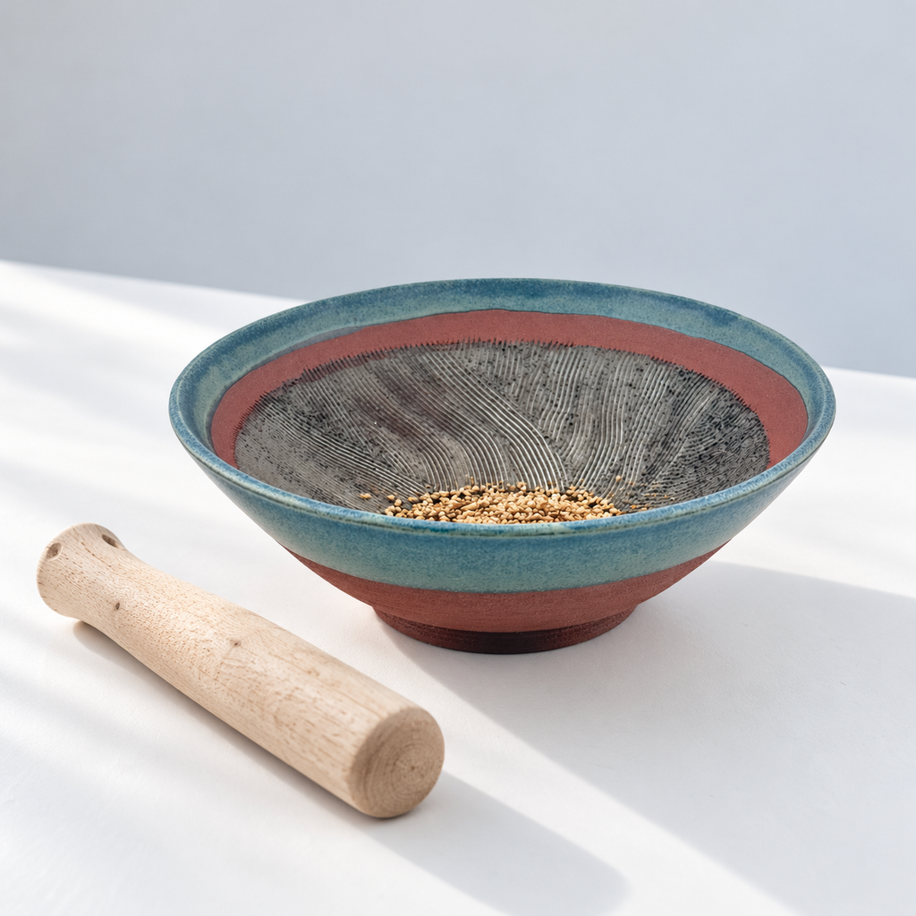 Suribachi artisanal en Grès rouge Xing – Mortier japonais, bord bleu Isara
