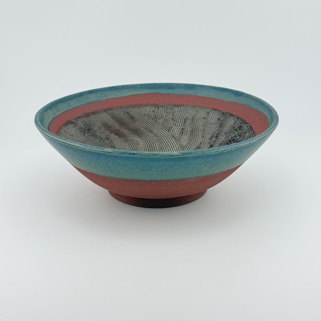 Suribachi artisanal en Grès rouge Xing – Mortier japonais, bord bleu Isara