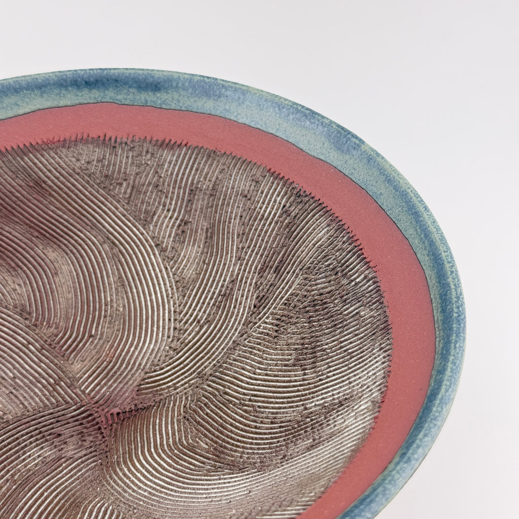Suribachi artisanal en Grès rouge Xing – Mortier japonais, bord bleu Isara