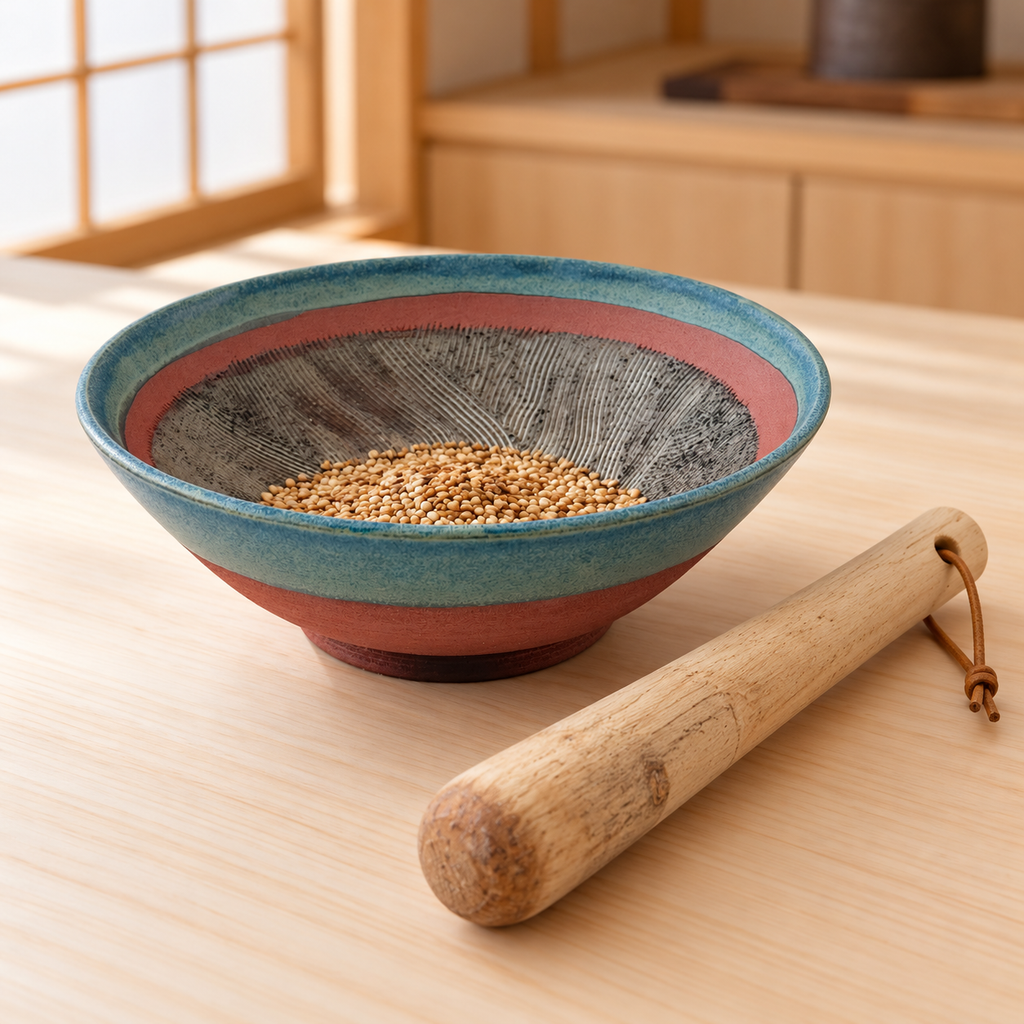 Suribachi artisanal en Grès rouge Xing – Mortier japonais, bord bleu Isara