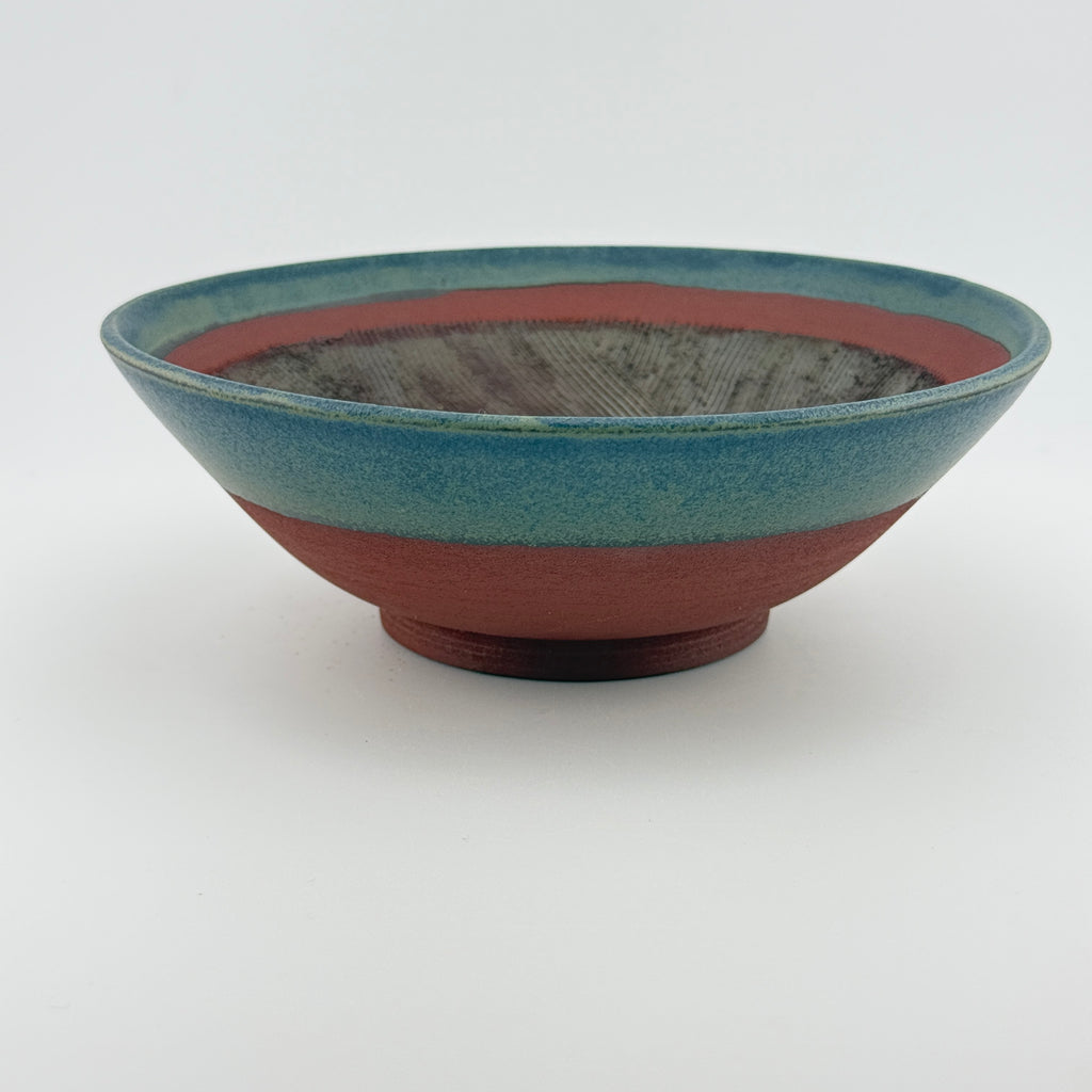 Suribachi artisanal en Grès rouge Xing – Mortier japonais, bord bleu Isara