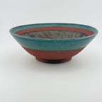 Suribachi artisanal en Grès rouge Xing – Mortier japonais, bord bleu Isara