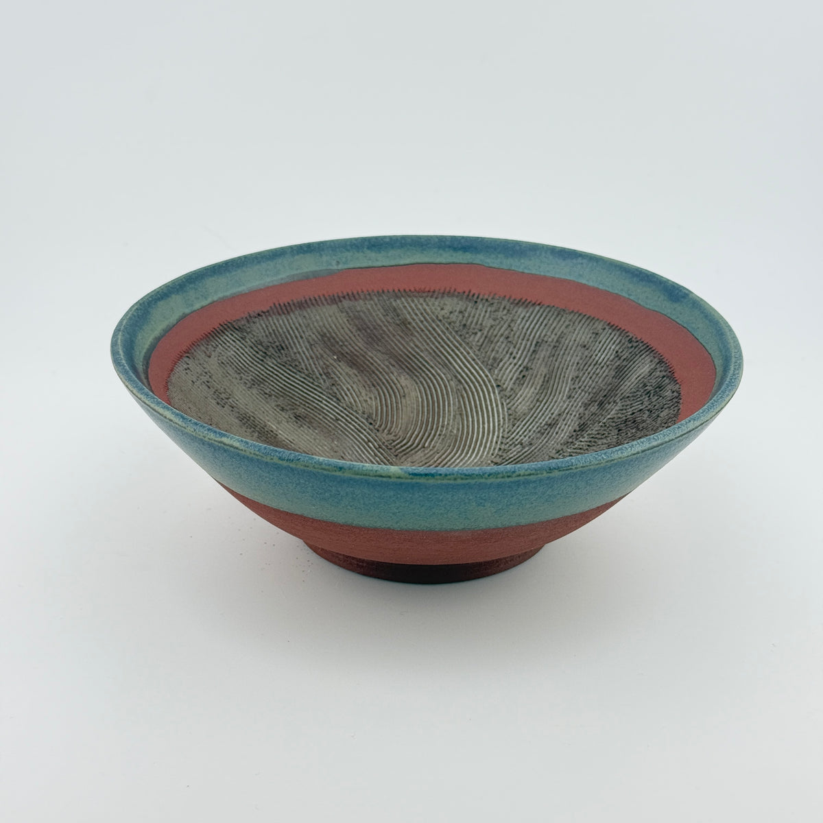 Suribachi artisanal en Grès rouge Xing – Mortier japonais, bord bleu Isara