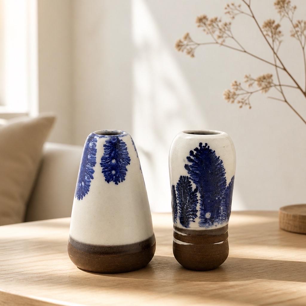 Vase Mocha Tea tourné et décoré à la main, faïence noire et motifs cobalt sous émail, Terres.me.