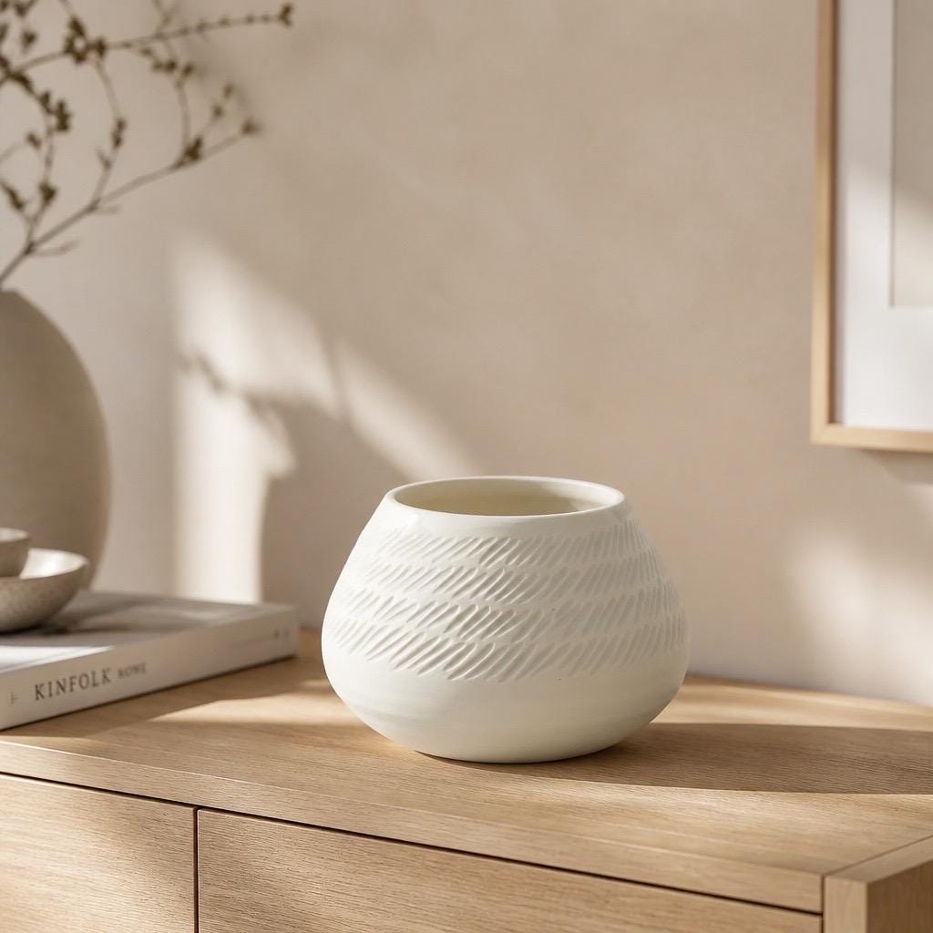 Vase MOON rond en porcelaine blanche texturée, tourné et émaillé à la main par Terres.me.